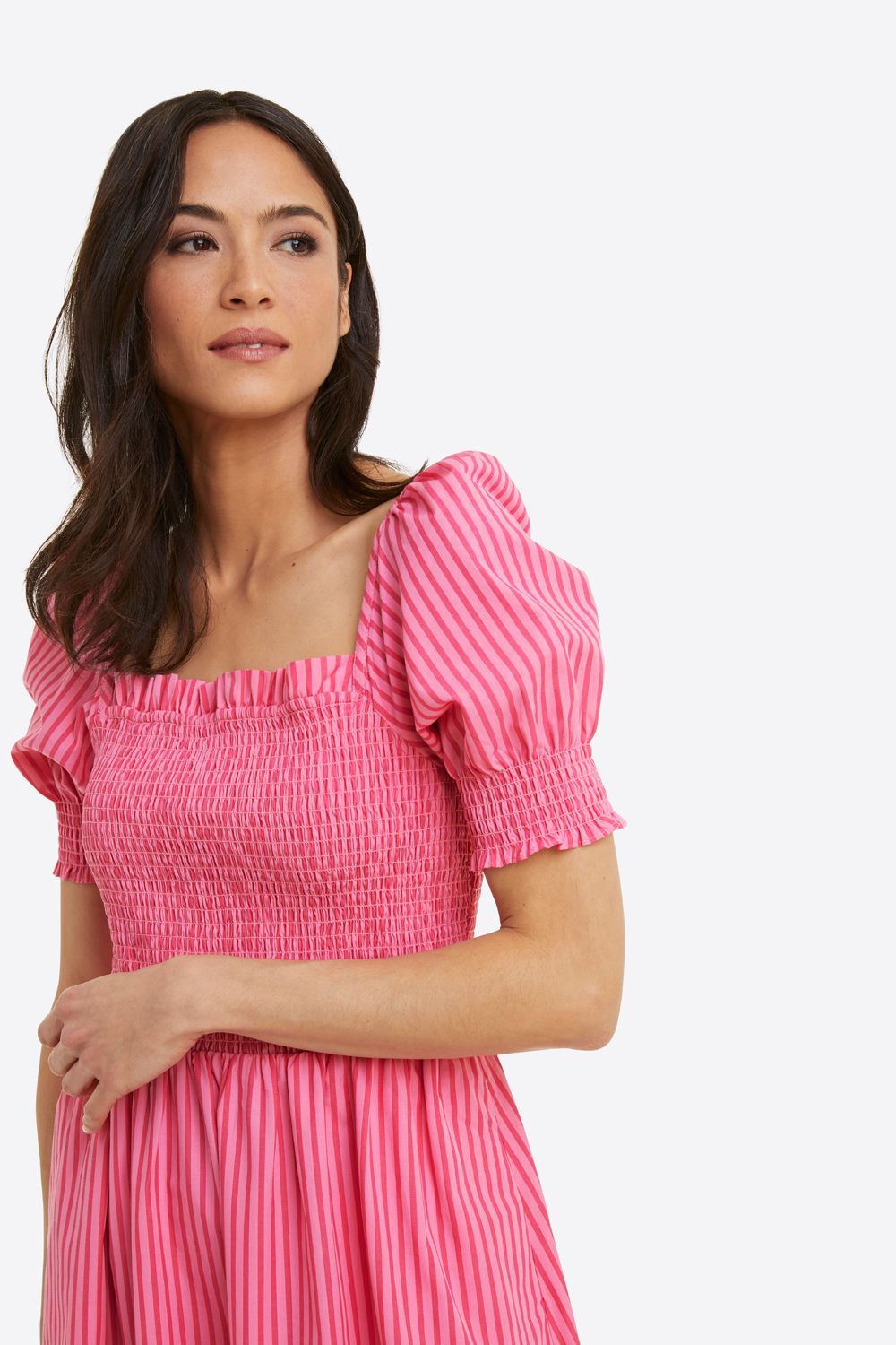 Cam Smocked Dress in Pink Stripe sold by Draper James