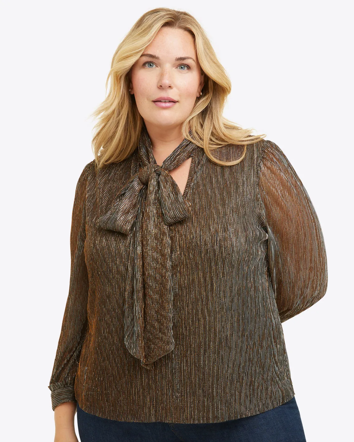 Tie Neck Top in Lurex Pliss sold by Draper James