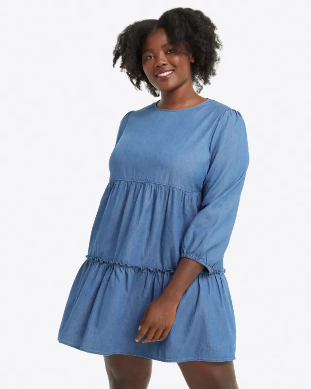 Tiered Trapeze Dress in Chambray sold by Draper James