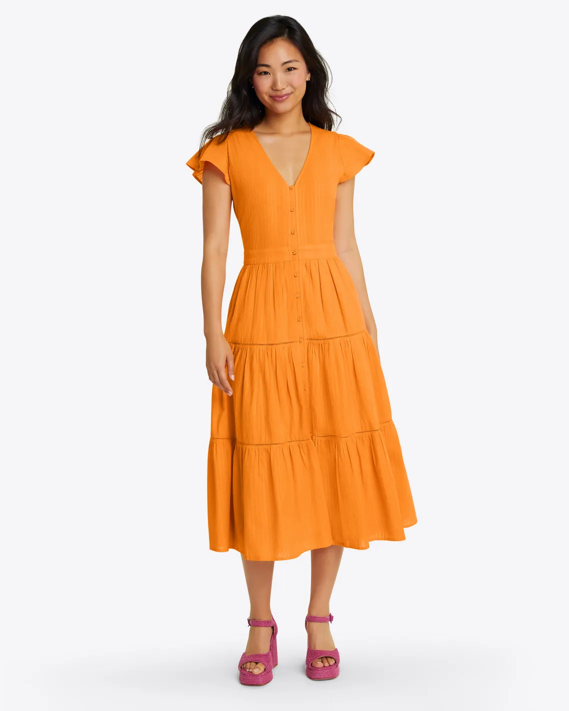 Lainey Midi Dress in Marigold Dobby Stripe sold by Draper James