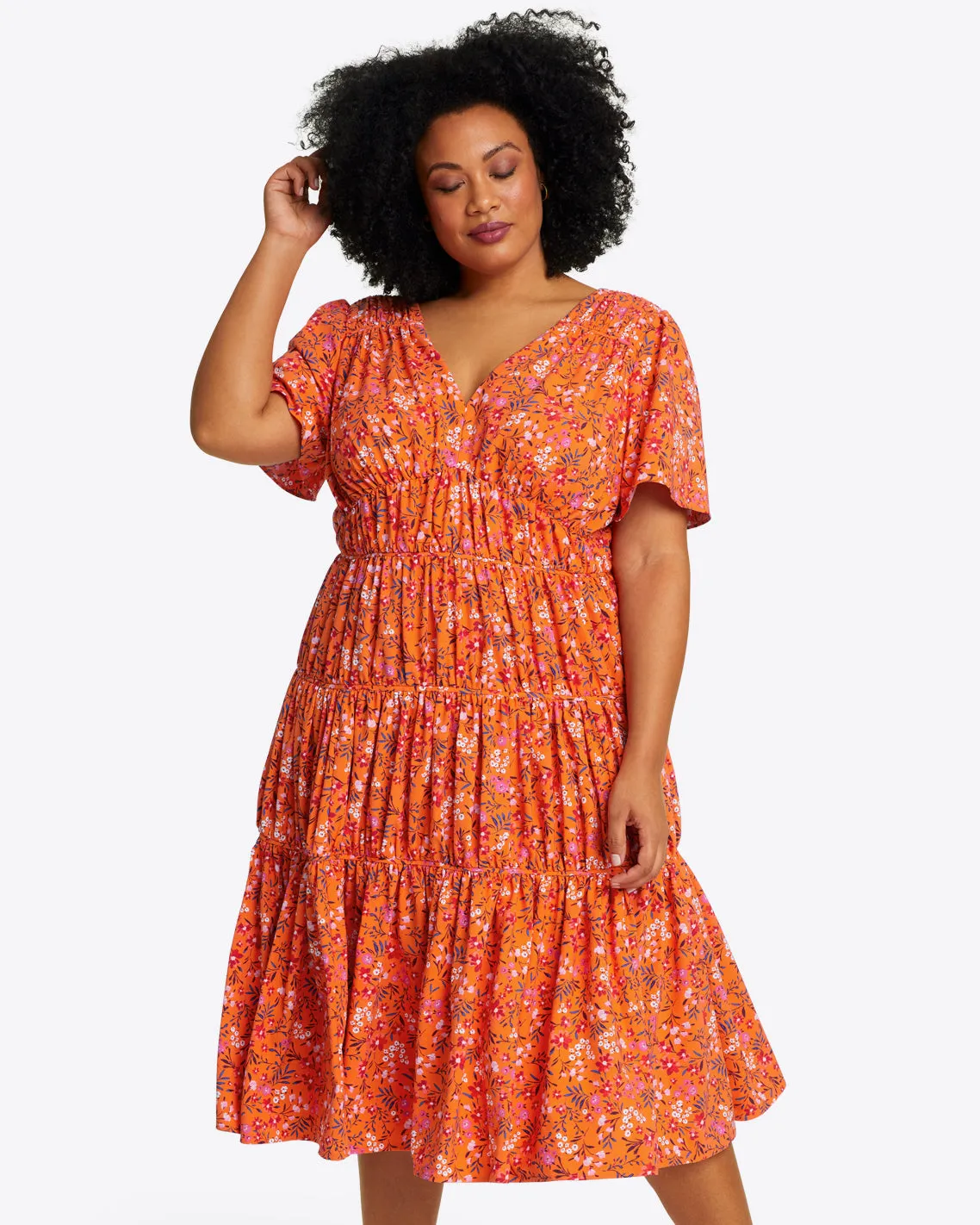 Margo Flutter Sleeve Dress in Apricot Pansy Floral sold by Draper James