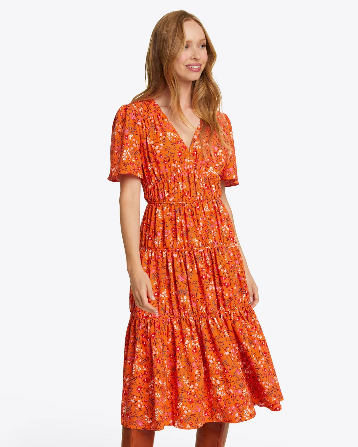 Margo Flutter Sleeve Dress in Apricot Pansy Floral sold by Draper James product image thumbnail 3