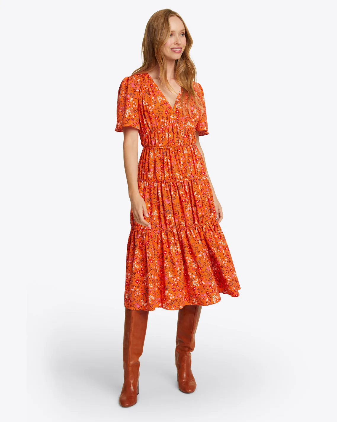 Margo Flutter Sleeve Dress in Apricot Pansy Floral sold by Draper James product image thumbnail 5