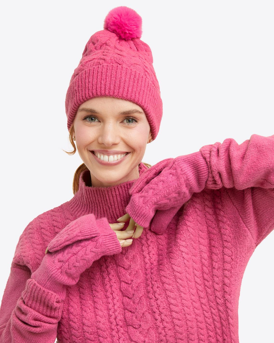 Cable Knit Hat with Pom Pom in Raspberry Pink sold by Draper James product image thumbnail 2