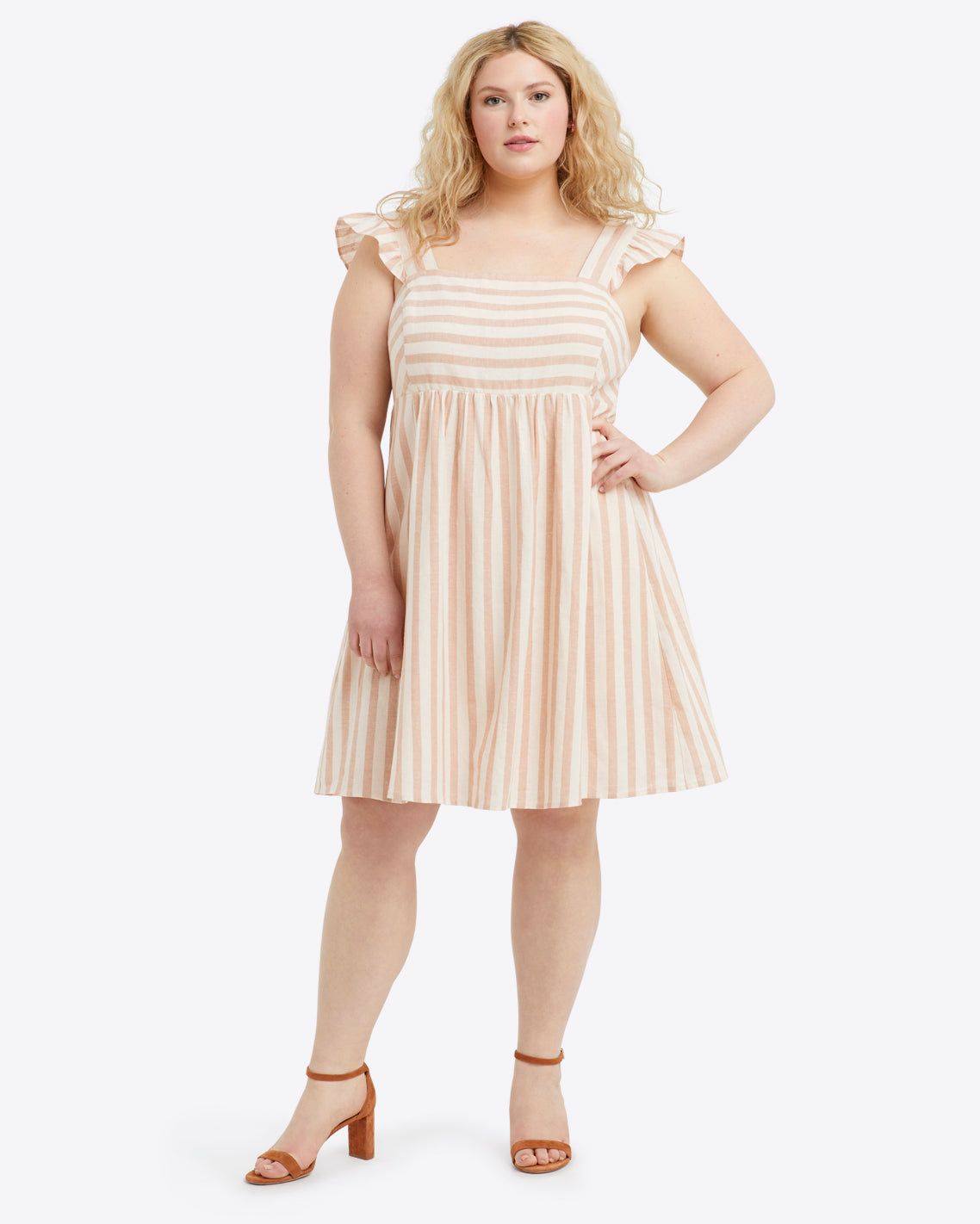 Maddie Babydoll Dress in Camel Cabana Stripe sold by Draper James