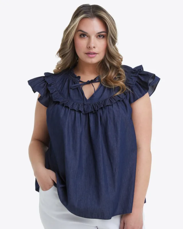 Raelynn Top in Dark Wash sold by Draper James