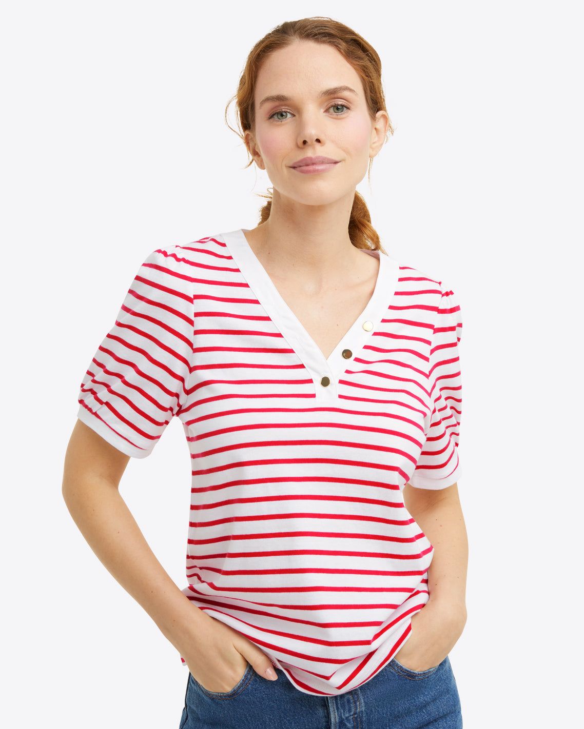 V-Neck Puff Short Sleeve T-Shirt in Lipstick Red Mariner Stripe sold by Draper James product image thumbnail 5