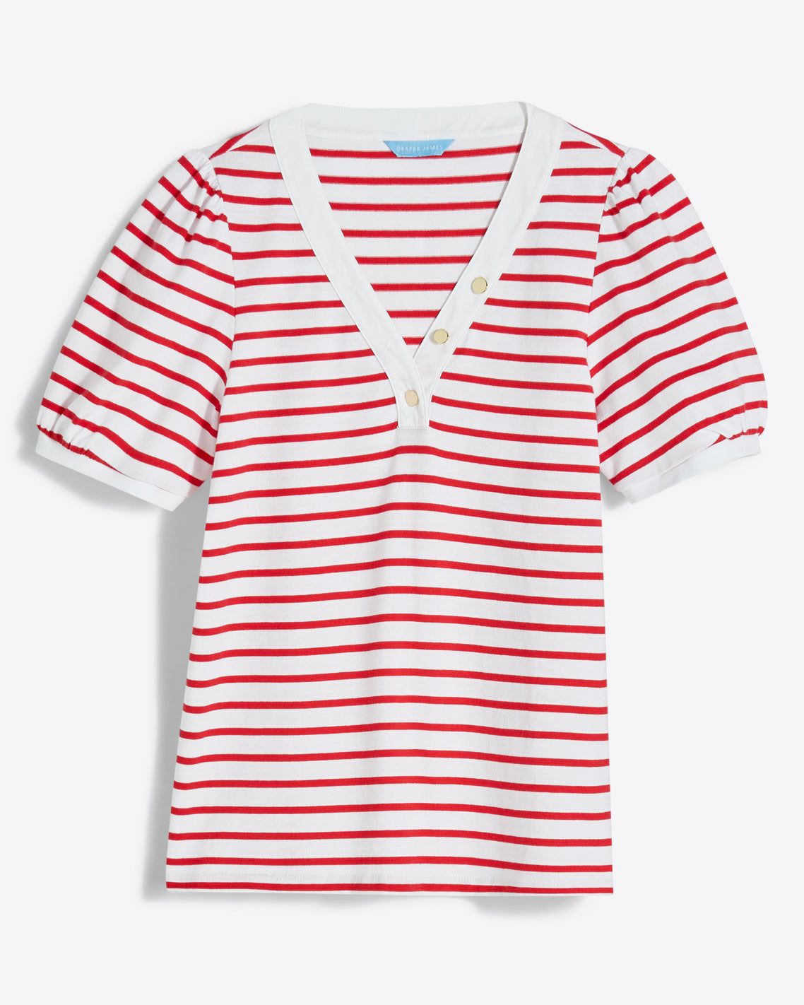 V-Neck Puff Short Sleeve T-Shirt in Lipstick Red Mariner Stripe sold by Draper James product image thumbnail 2