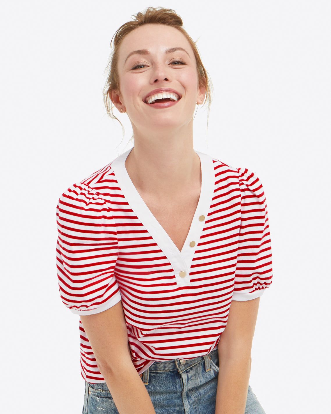 V-Neck Puff Short Sleeve T-Shirt in Lipstick Red Mariner Stripe sold by Draper James