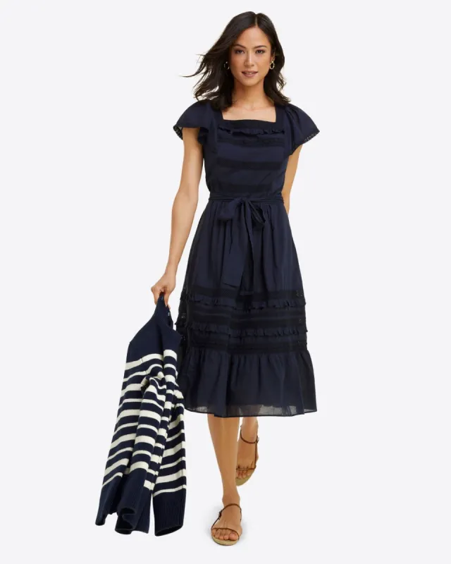 Tie Waist Peasant Dress in Navy Embroidered Stripe sold by Draper James
