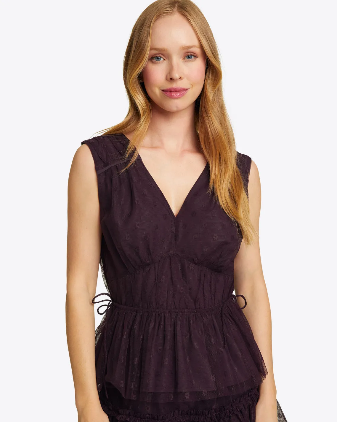 Morgan Top in Plum Tulle sold by Draper James