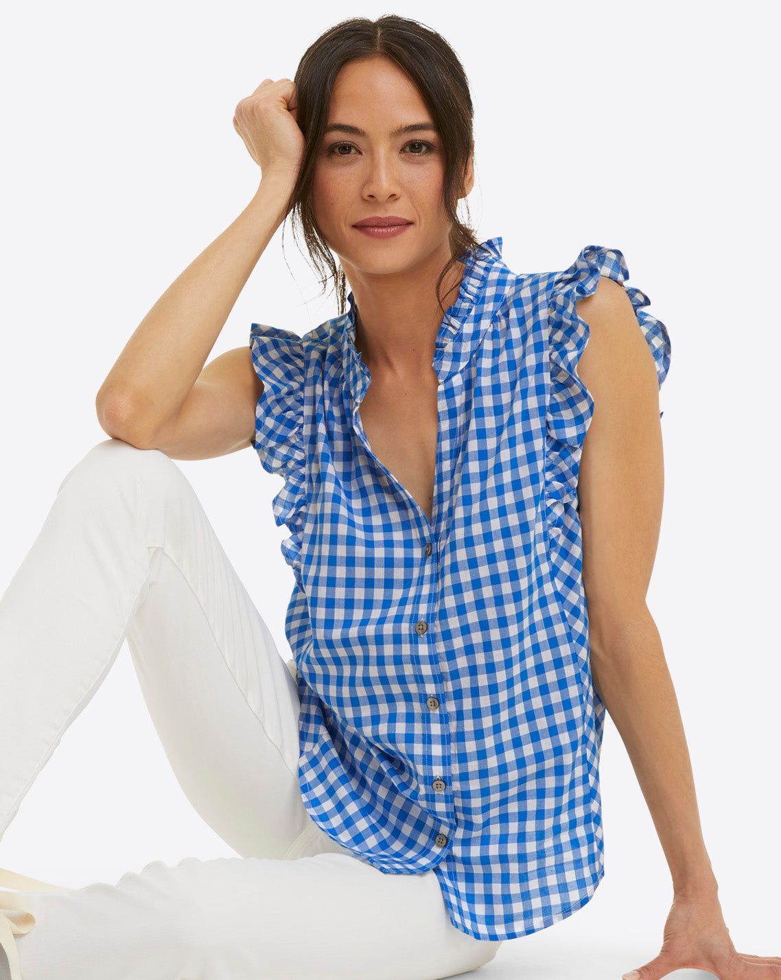 Sleeveless Button Down in Blue Gingham sold by Draper James