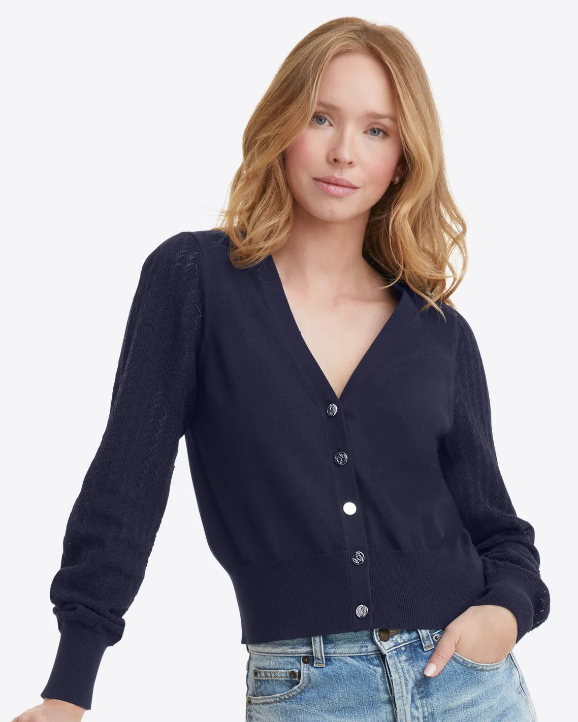 Button Front Cardigan in Navy sold by Draper James