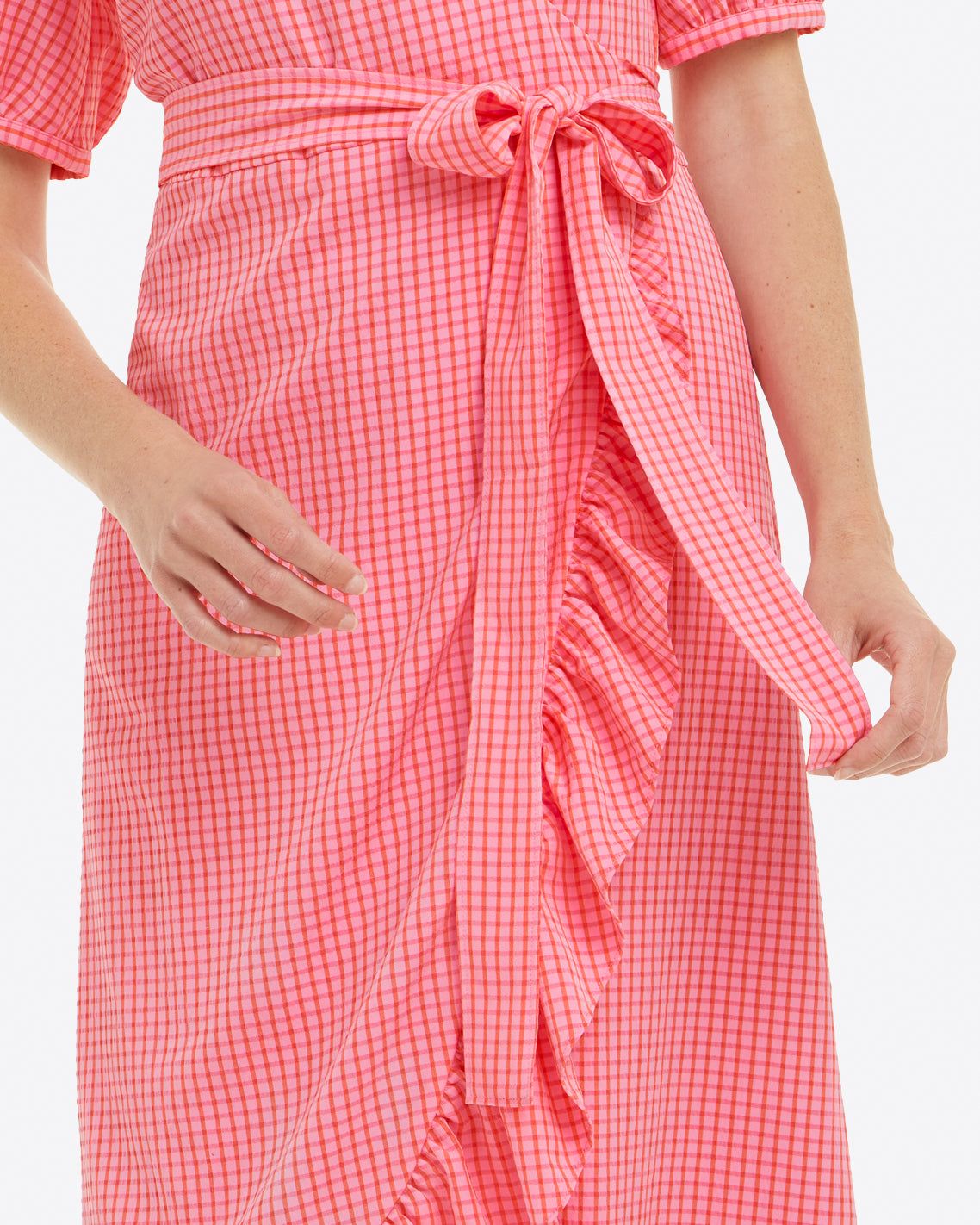 Reba Flutter Wrap Dress in Gingham Seersucker sold by Draper James product image thumbnail 6