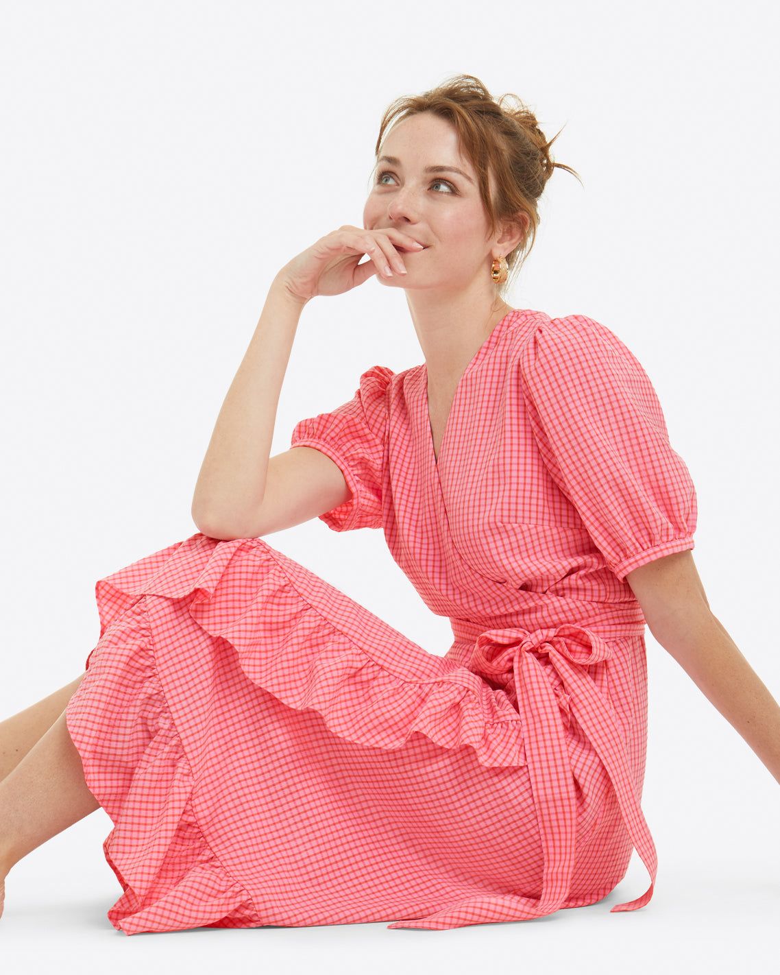 Reba Flutter Wrap Dress in Gingham Seersucker sold by Draper James