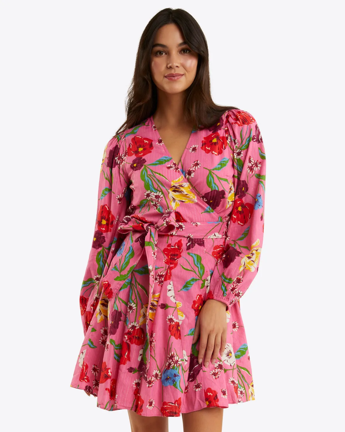 Jordan Long-Sleeve Wrap Dress in Lurex Stripe sold by Draper James