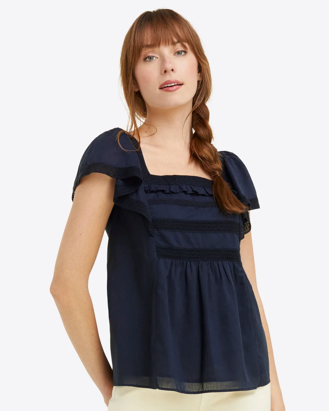 Maren Top in Navy Embroidered Stripe sold by Draper James