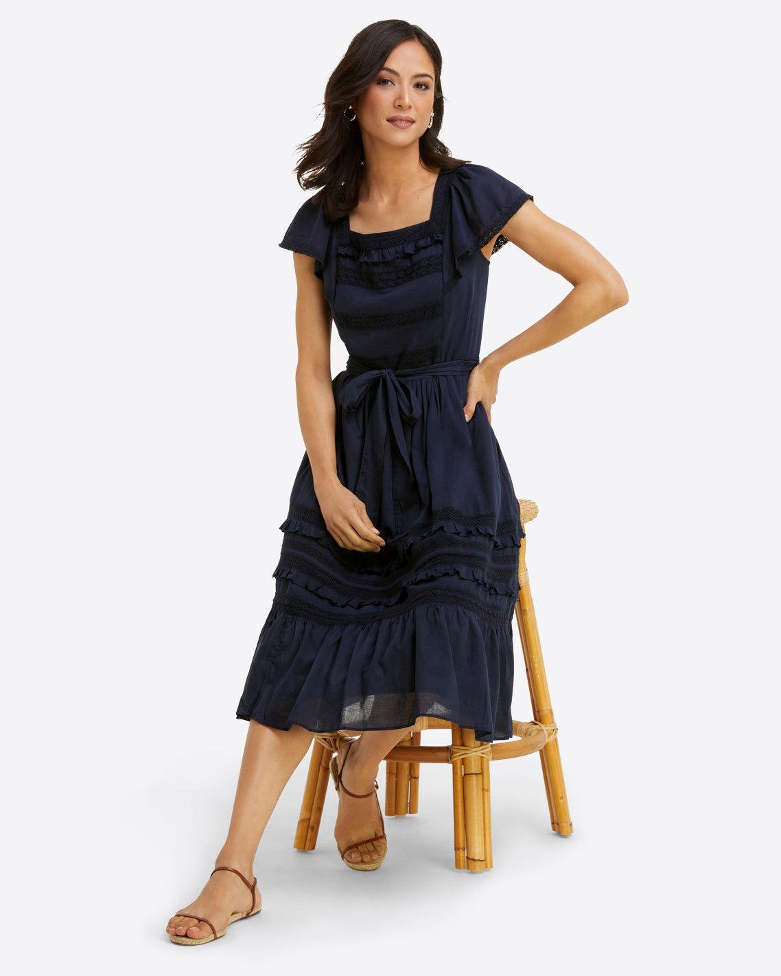 Tie Waist Peasant Dress in Navy Embroidered Stripe sold by Draper James product image thumbnail 6