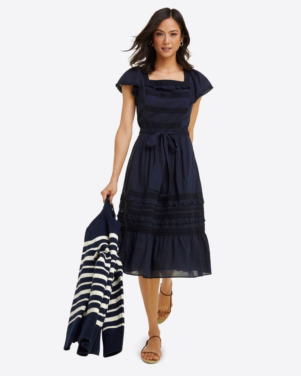Tie Waist Peasant Dress in Navy Embroidered Stripe sold by Draper James