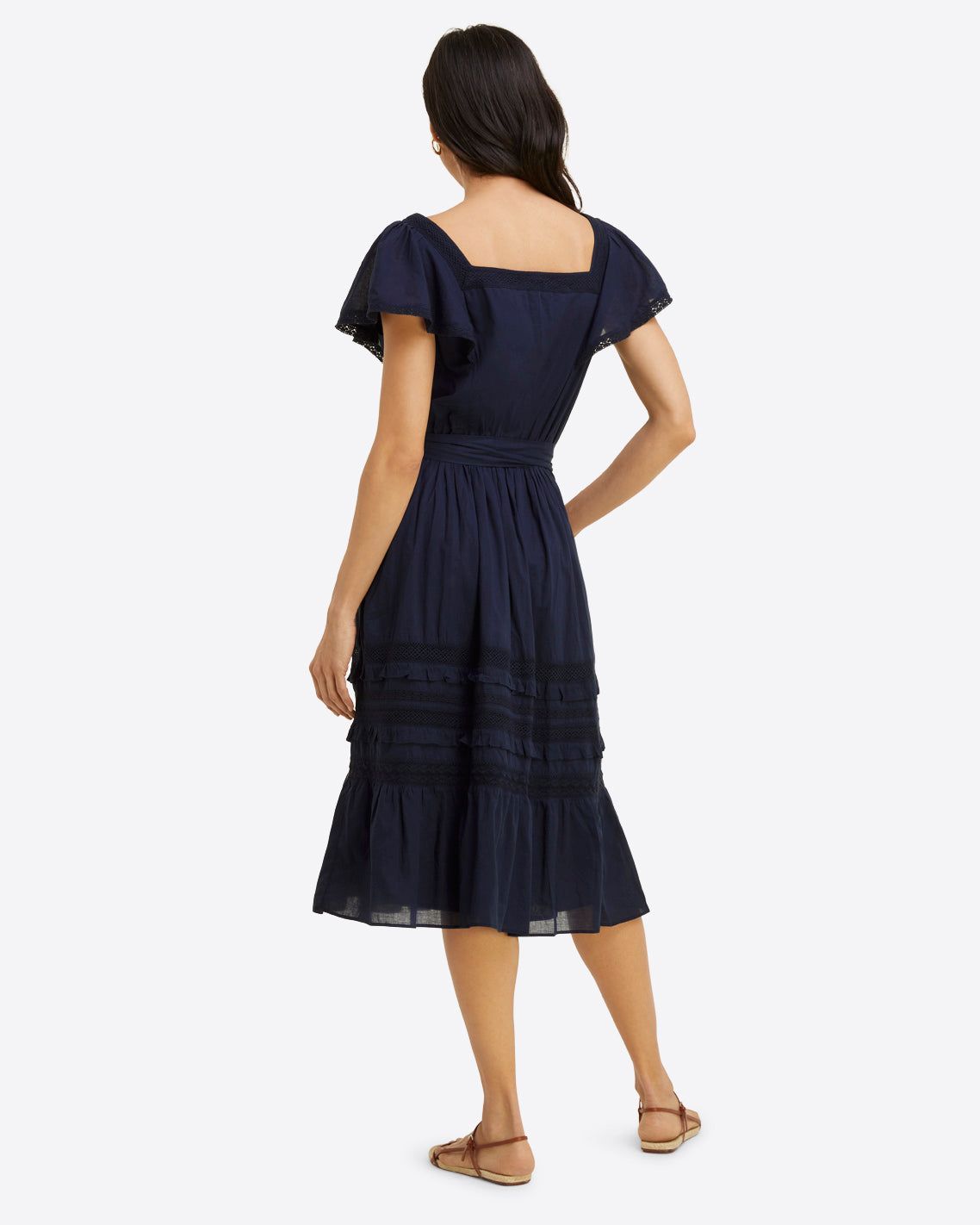 Tie Waist Peasant Dress in Navy Embroidered Stripe sold by Draper James product image thumbnail 5