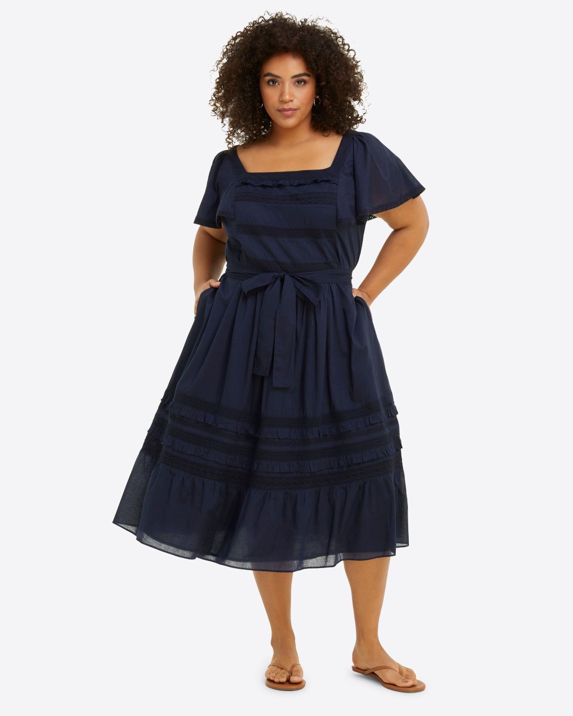 Tie Waist Peasant Dress in Navy Embroidered Stripe sold by Draper James product image thumbnail 3