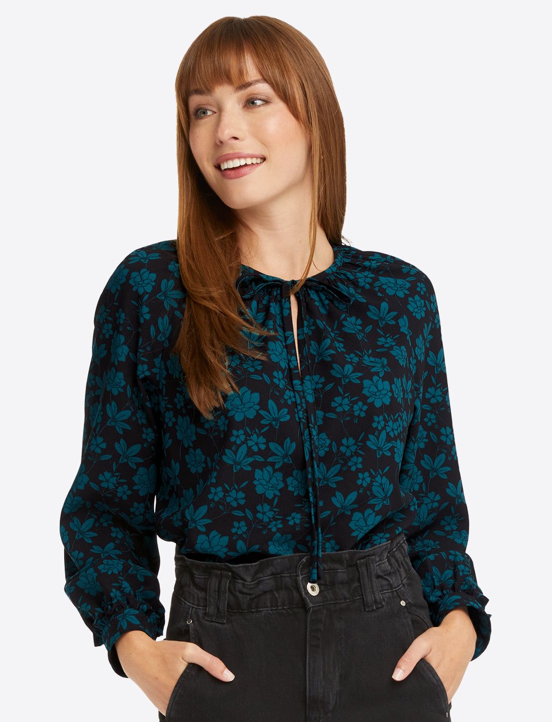 Tie Neck Top in Emerald Magnolia sold by Draper James