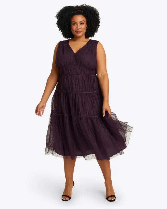Margo Sleeveless Dress in Plum Tulle sold by Draper James