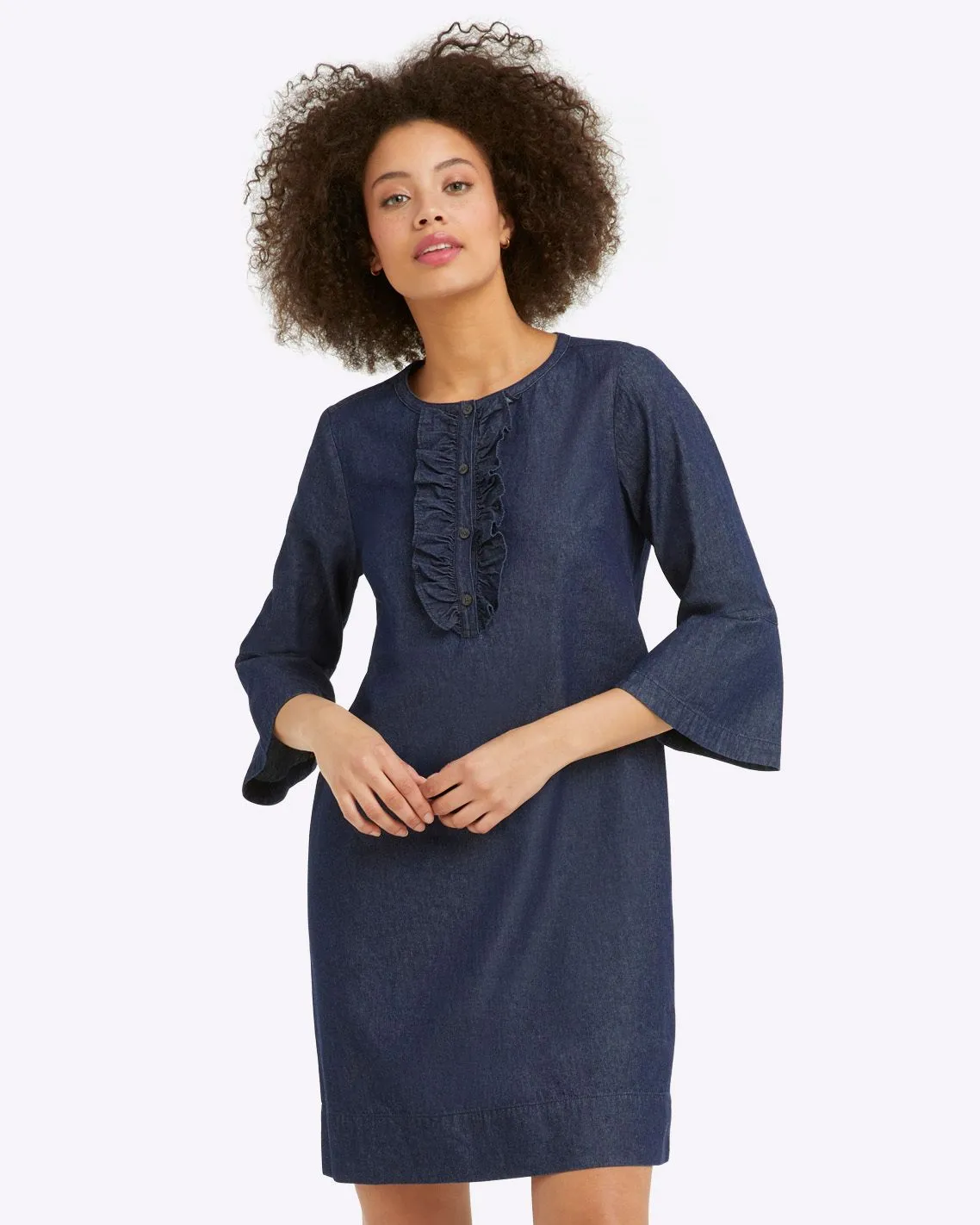 Chambray Ruffle Shift Dress sold by Draper James