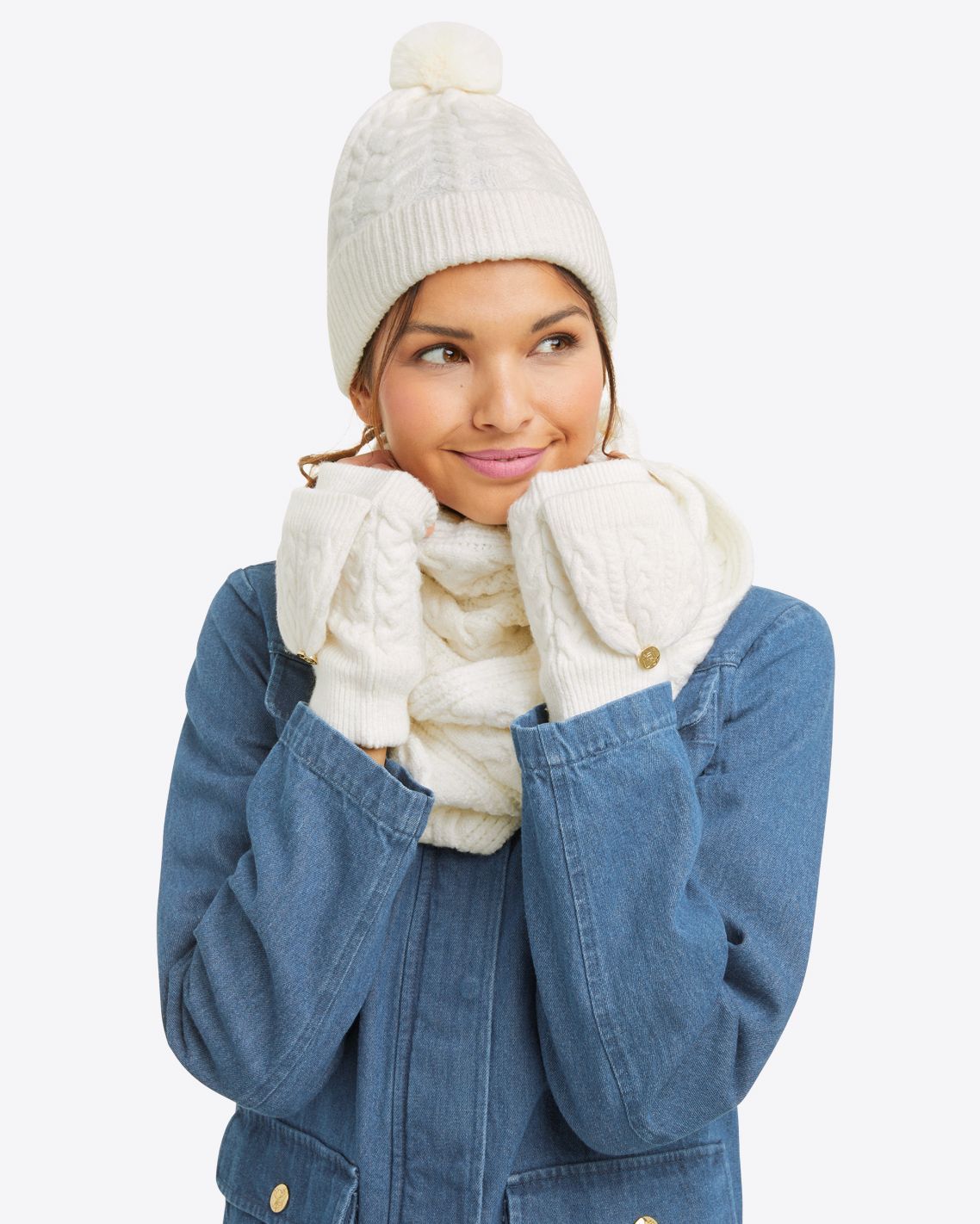 Cable Knit Hat with Pom Pom in Willow White sold by Draper James
