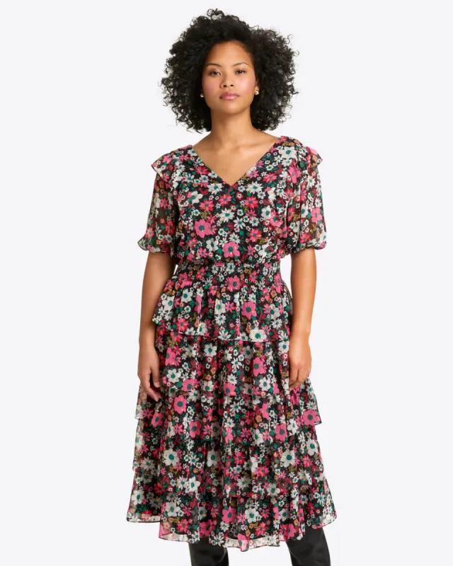 Leah Tiered Ruffle Midi Dress in Amaryllis Fil Coupe sold by Draper James