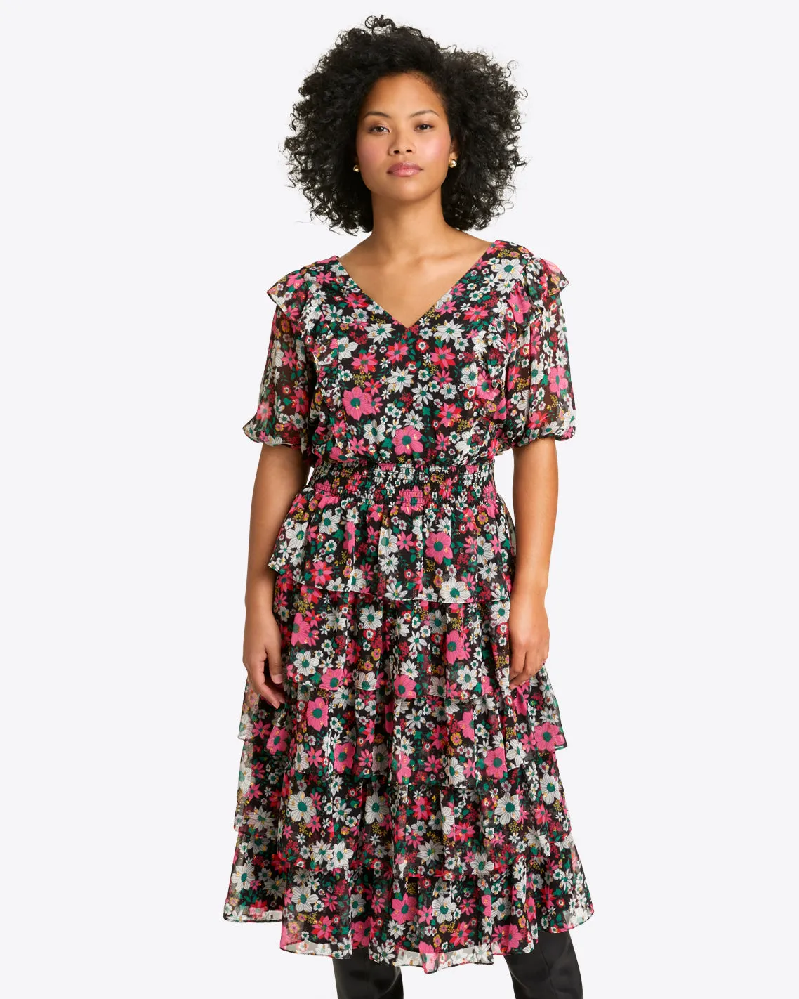 Leah Tiered Ruffle Midi Dress in Amaryllis Fil Coupe sold by Draper James