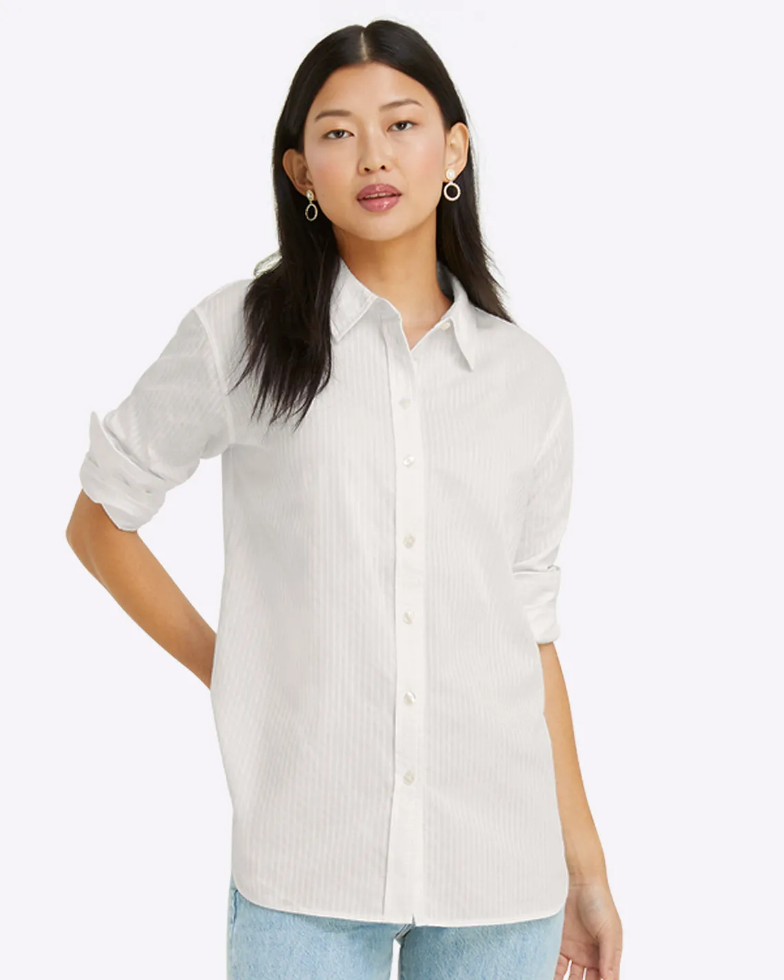 Button Down Top in White Shirting Stripe sold by Draper James