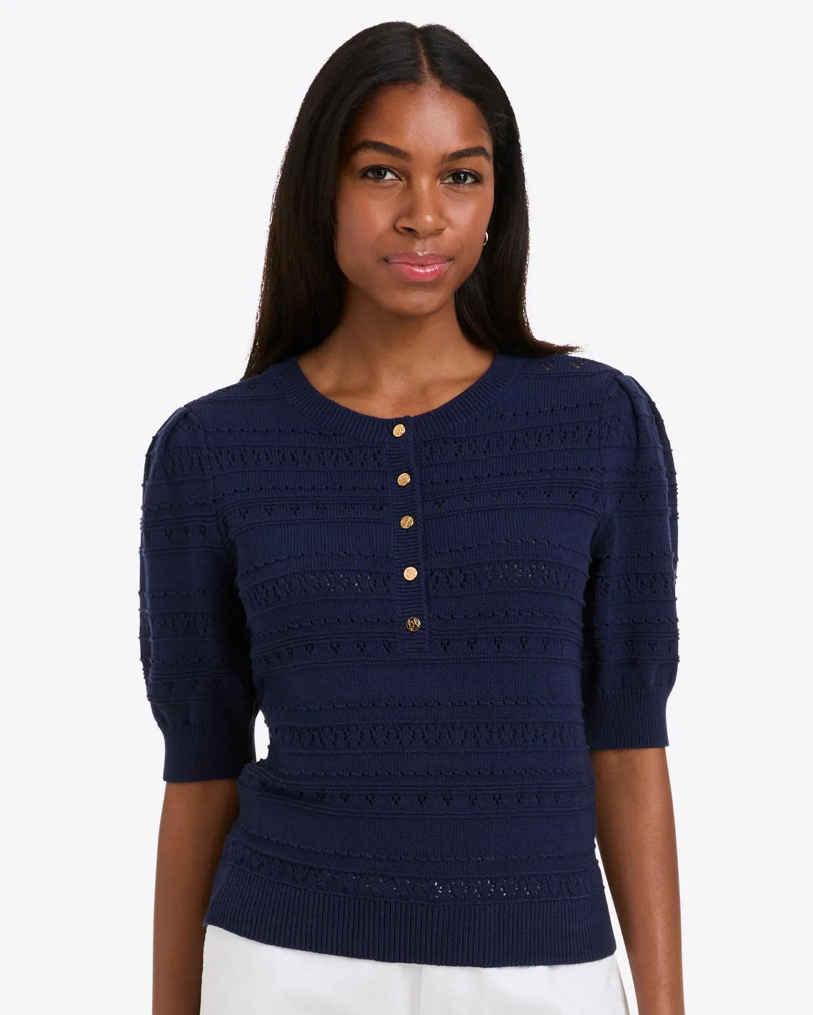 Annabelle Short-Sleeve Sweater in Navy Pointelle sold by Draper James