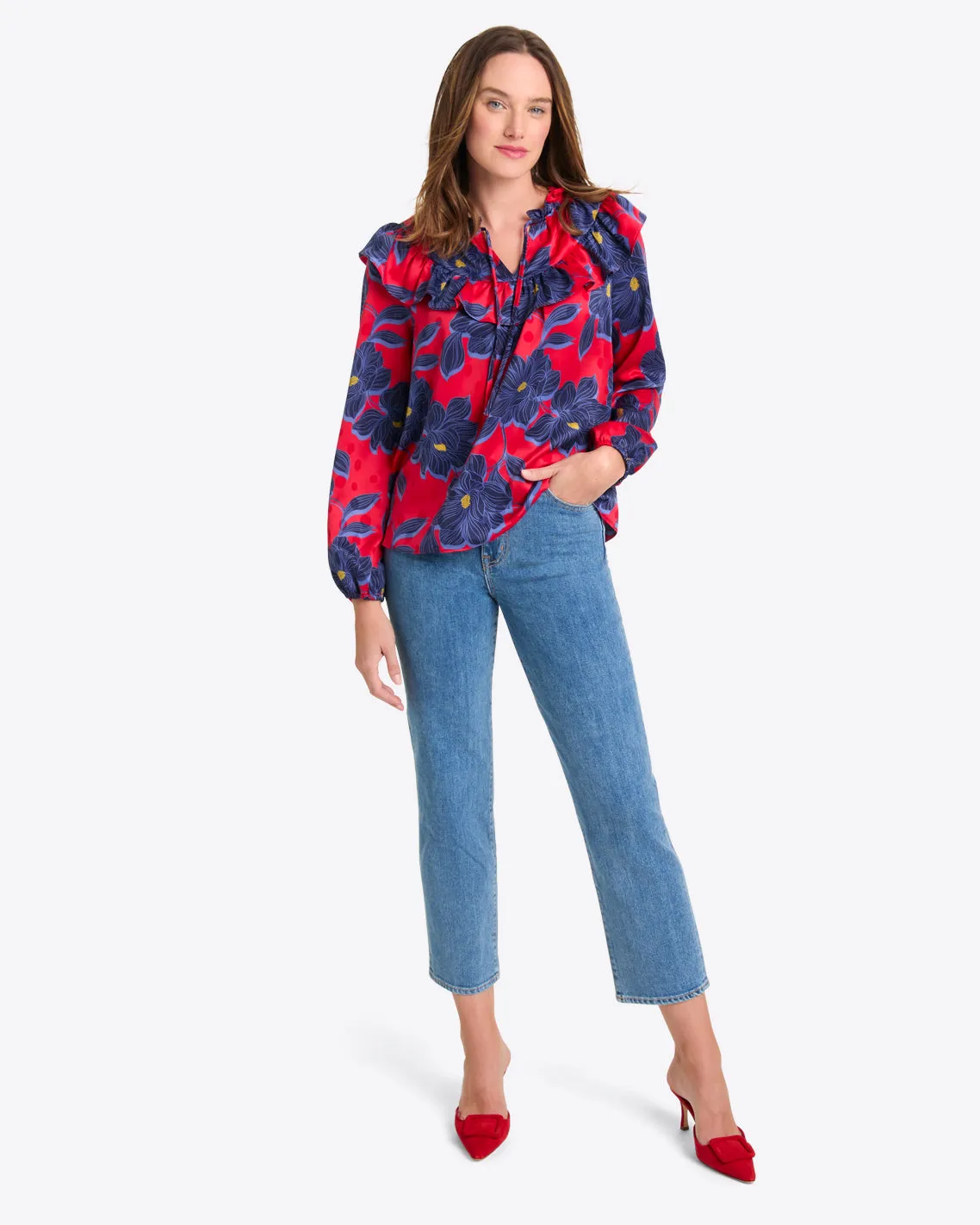 Gretchen Top in Magnolia Jacquard Dot sold by Draper James product image thumbnail 5