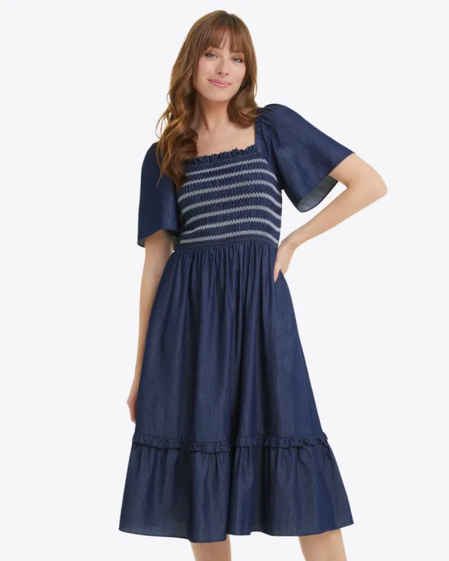 Deana Smocked Dress in Dark Wash sold by Draper James
