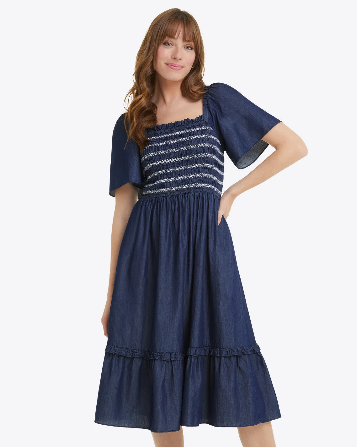 Deana Smocked Dress in Dark Wash sold by Draper James