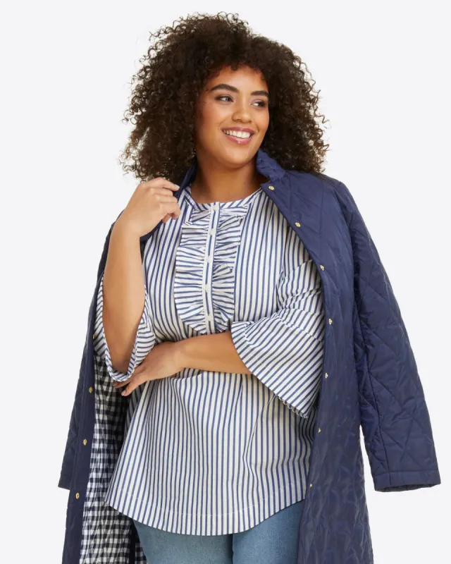 Ruffle Placket Tunic in Blue Shirting Stripe sold by Draper James