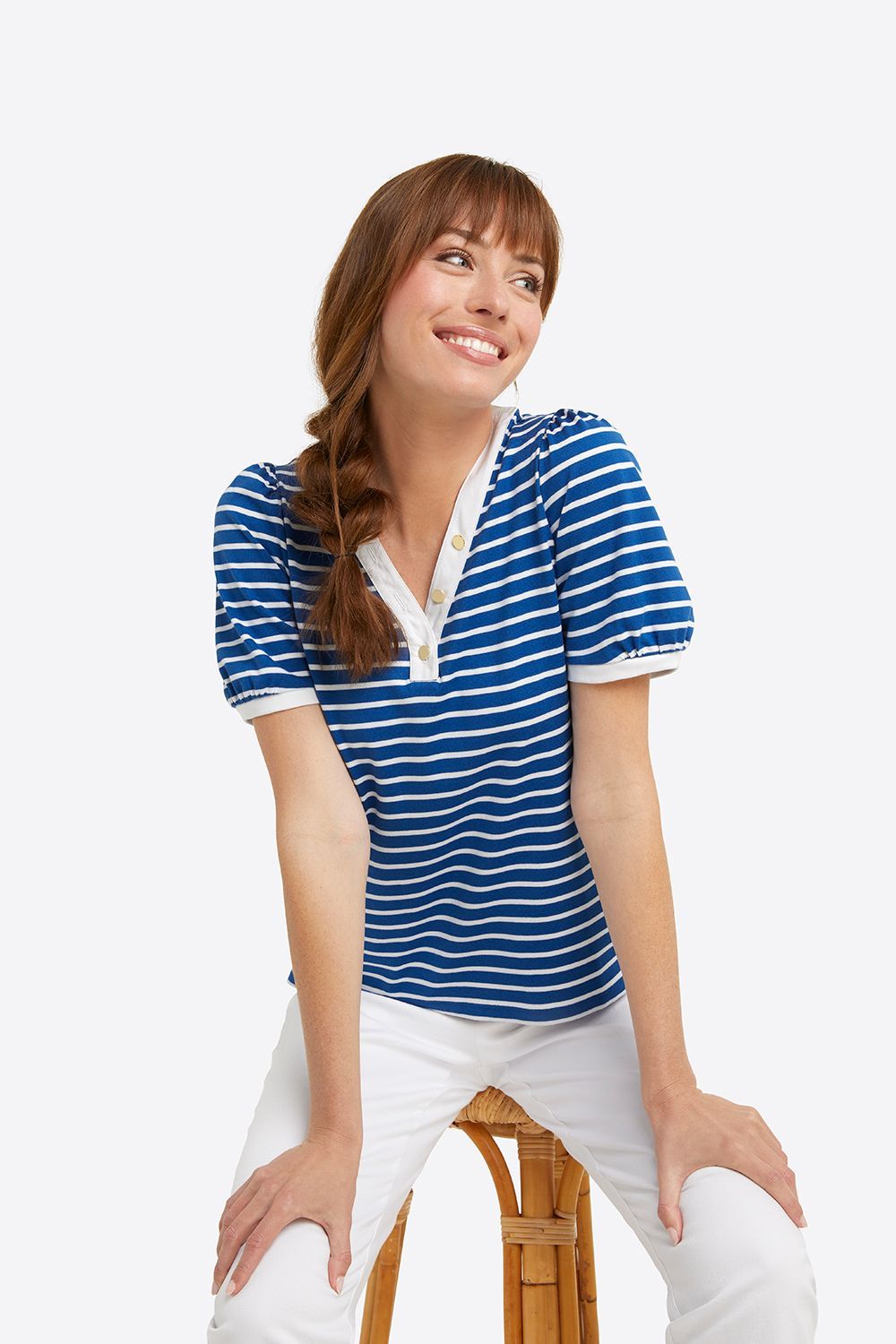 Puff Sleeve T-Shirt in Blue Nautical Stripe sold by Draper James