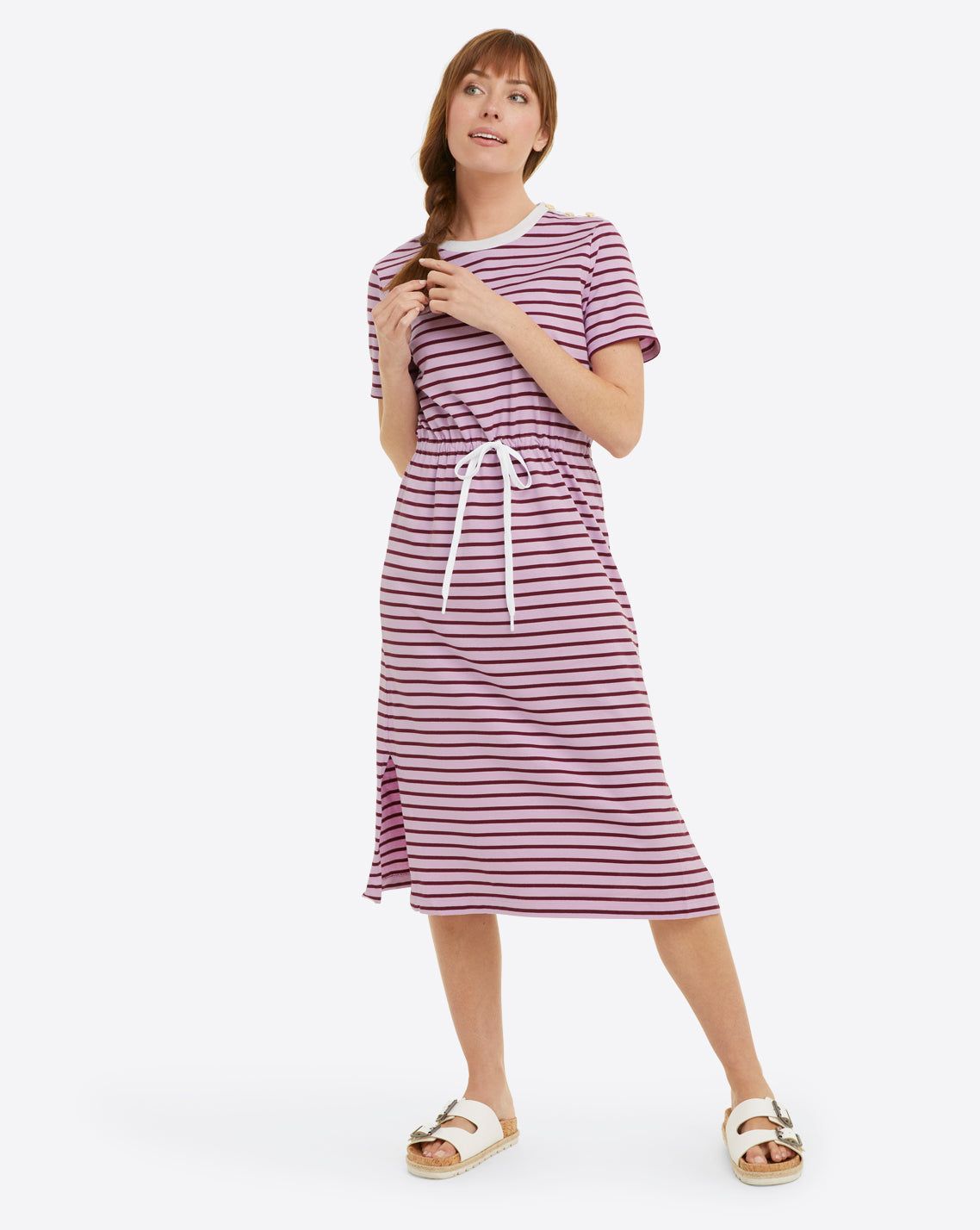 Tie Waist Midi T-Shirt Dress in Dark Pink Mariner Stripe sold by Draper James product image thumbnail 4