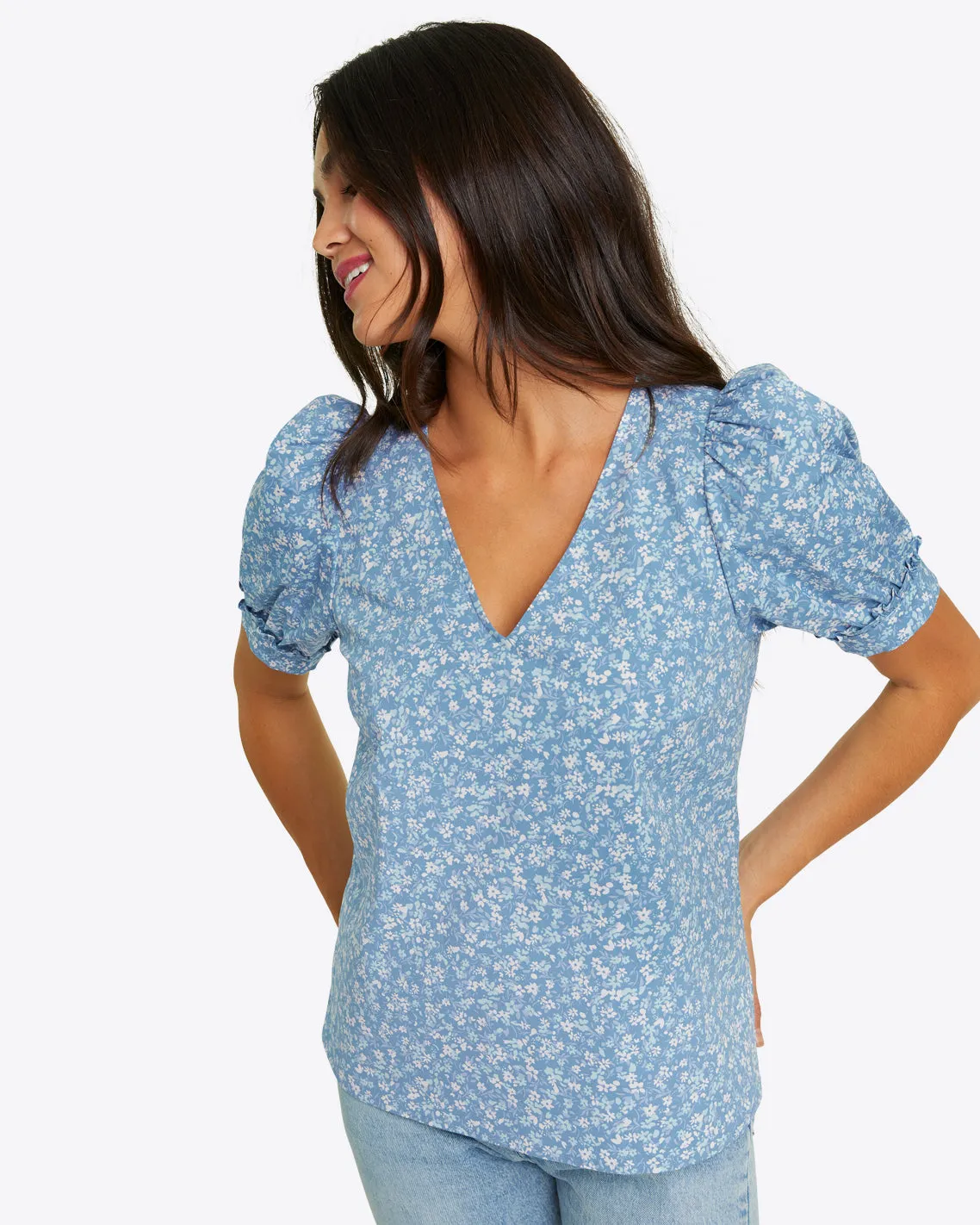Heidi V-Neck Top in Bluebell Floral sold by Draper James