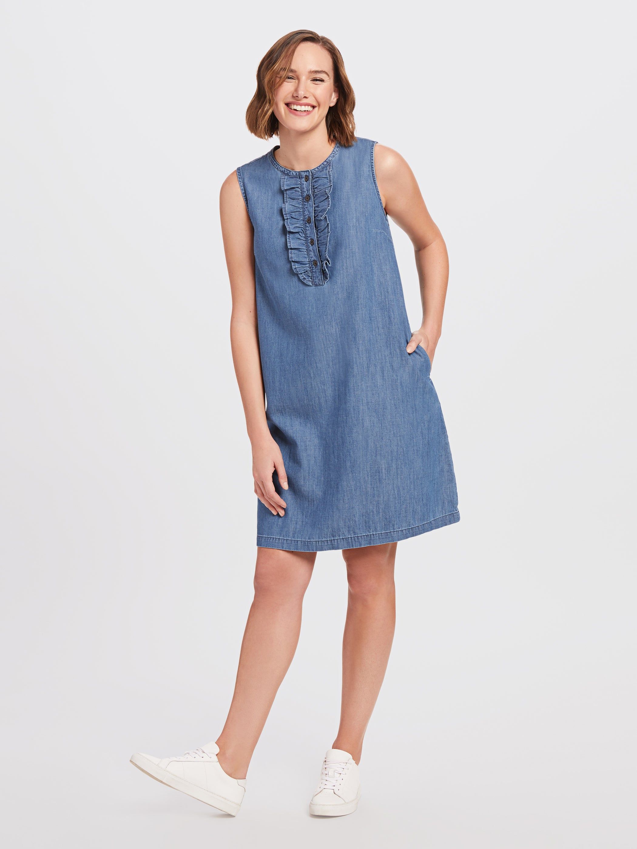 Belted Sleeveless Chambray Ruffle Shift Dress sold by Draper James product image thumbnail 4