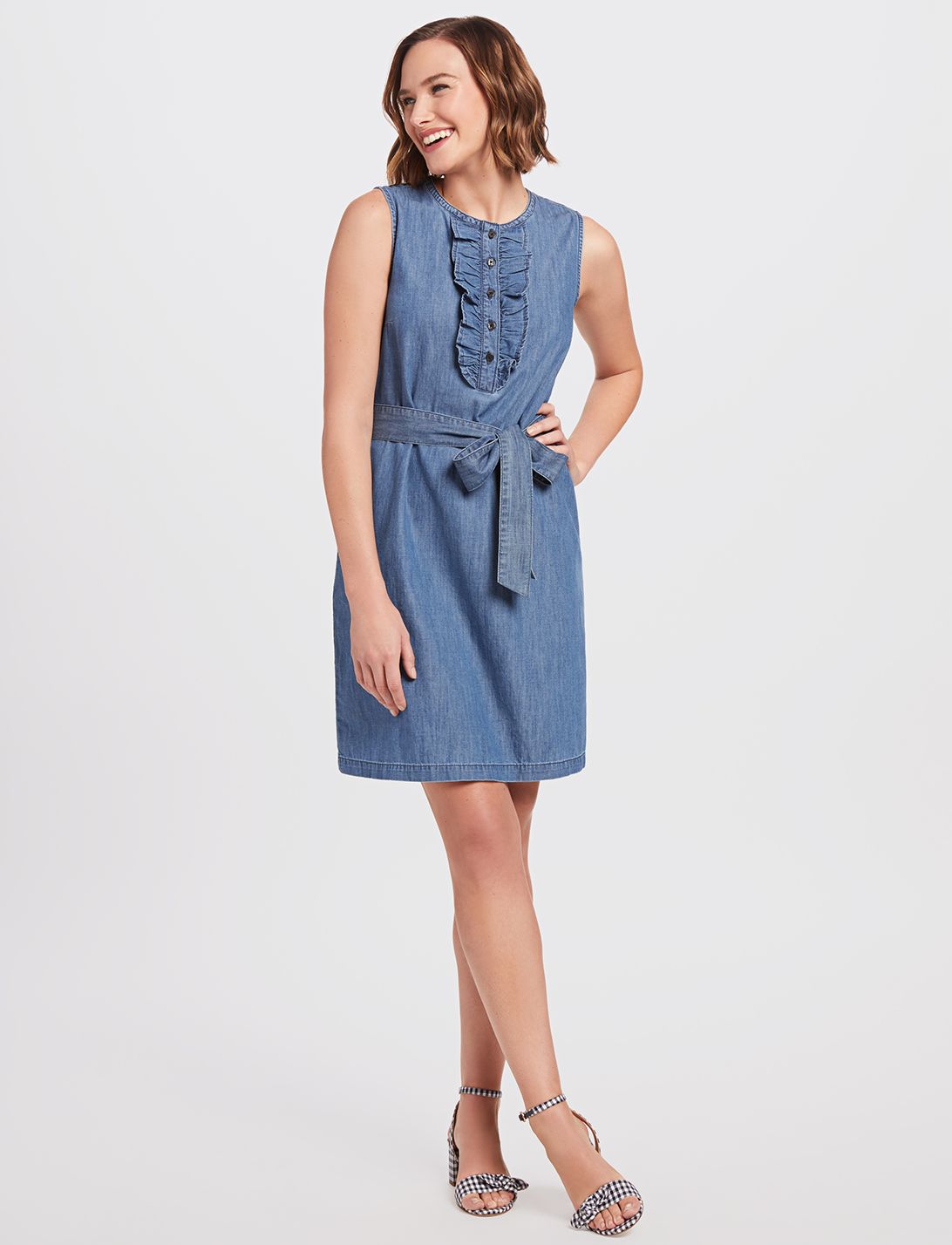 Belted Sleeveless Chambray Ruffle Shift Dress sold by Draper James