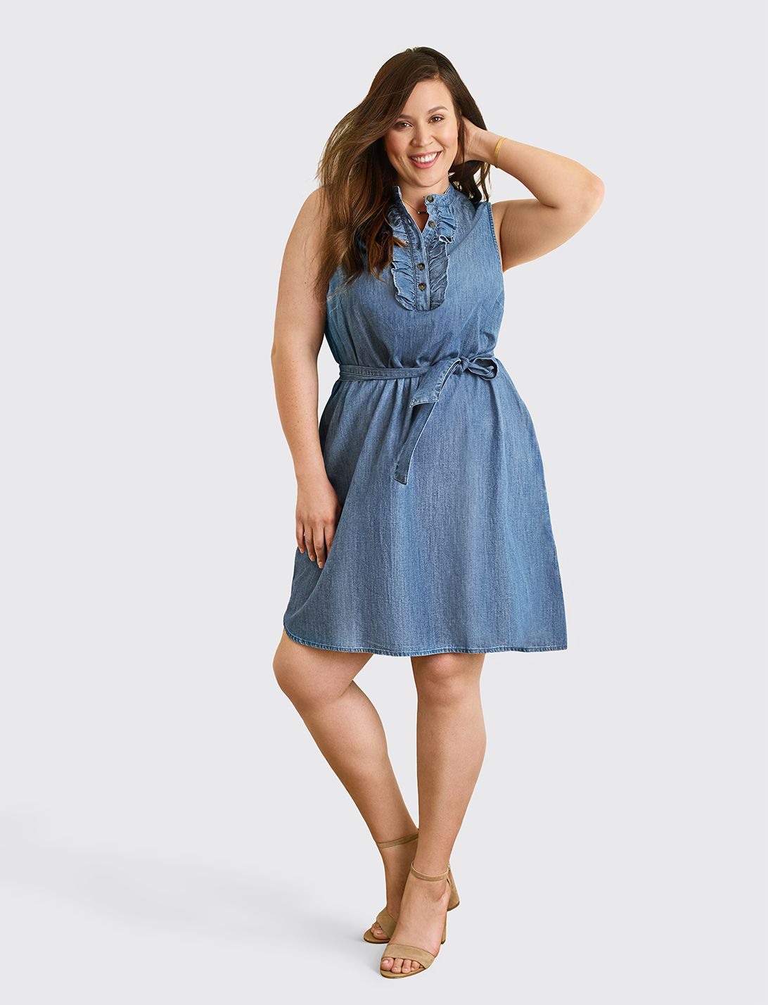 Belted Sleeveless Chambray Ruffle Shift Dress sold by Draper James product image thumbnail 2