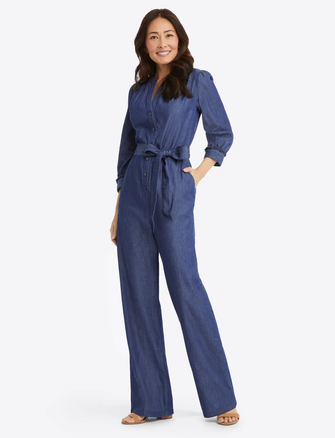 Tie Waist Jumpsuit in Chambray sold by Draper James