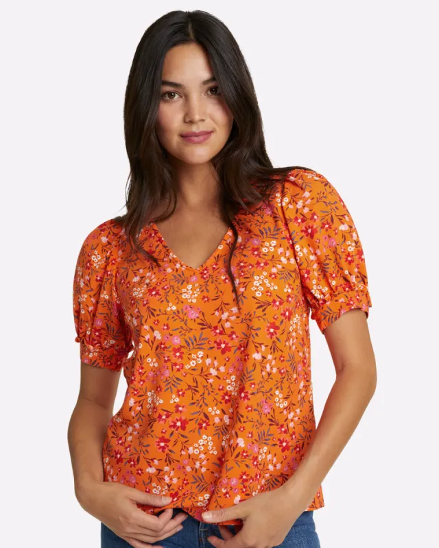 Heidi V-Neck Top in Apricot Pansy Floral sold by Draper James