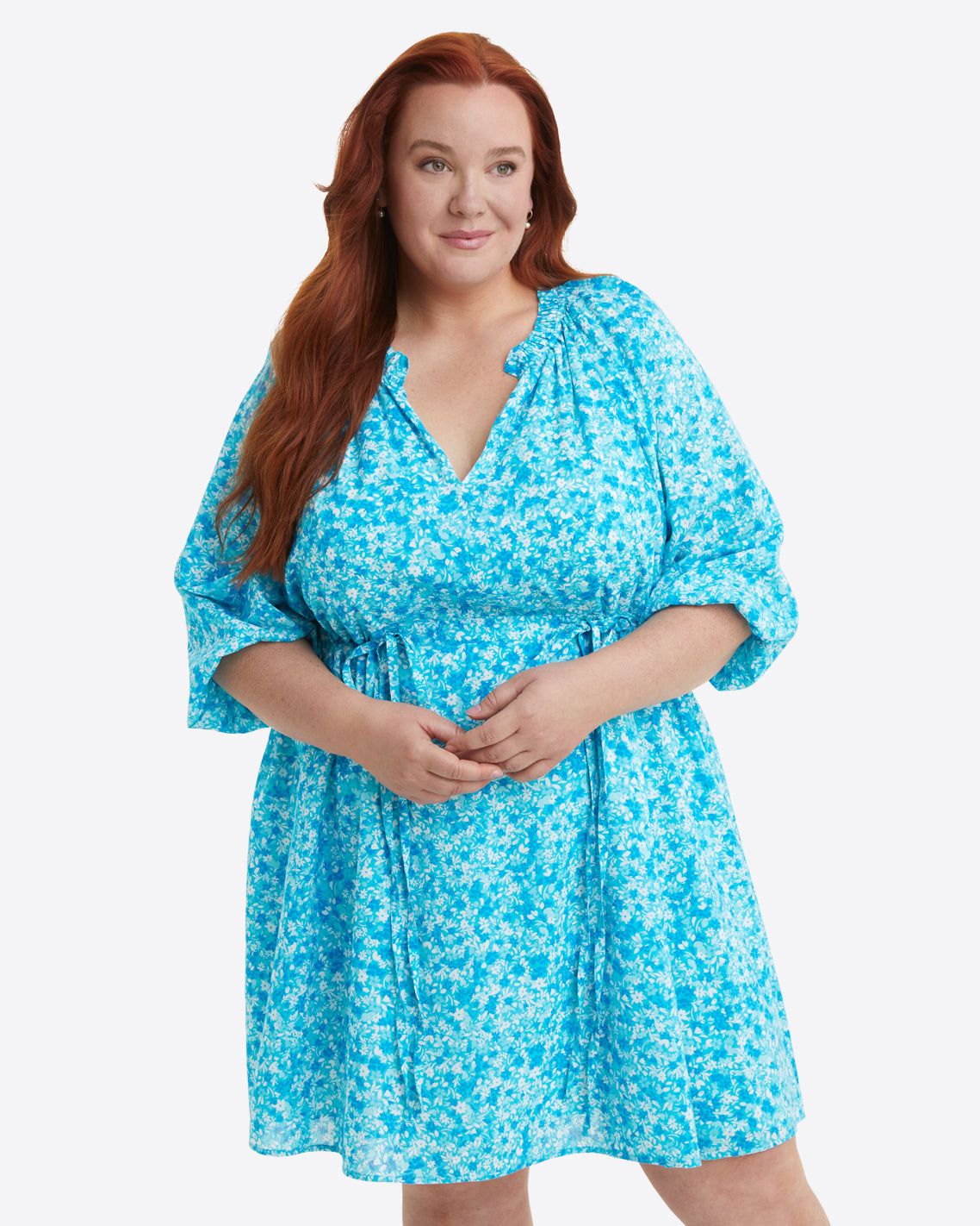 Kellie Babydoll Dress in Blue Aster Floral sold by Draper James