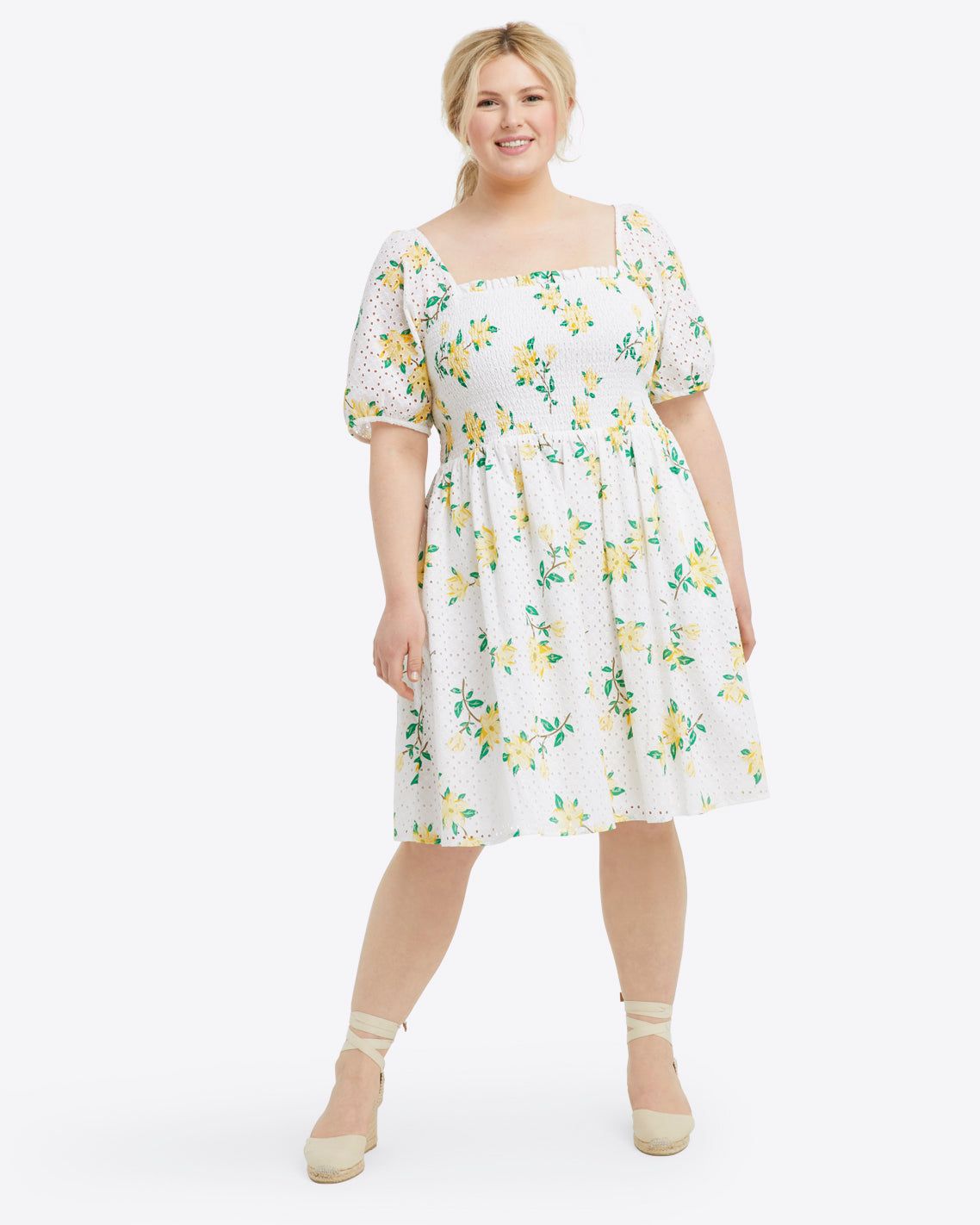 Cam Smocked Dress in Magnolia Eyelet sold by Draper James