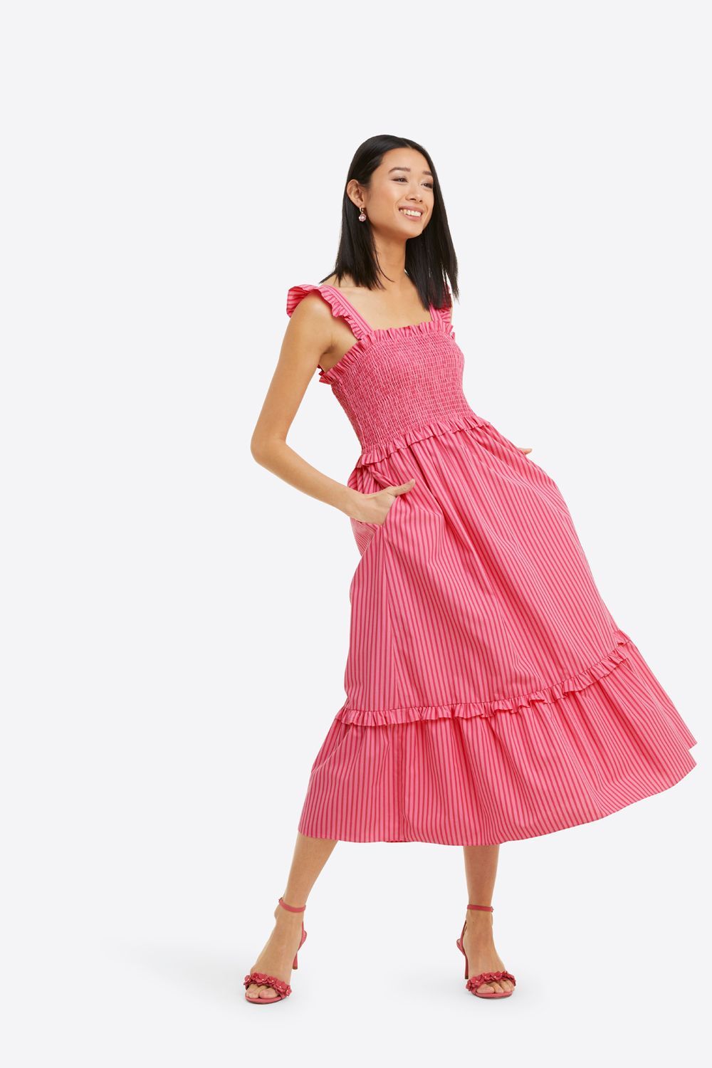 Kimberly Smocked Midi Dress in Pink Stripe sold by Draper James