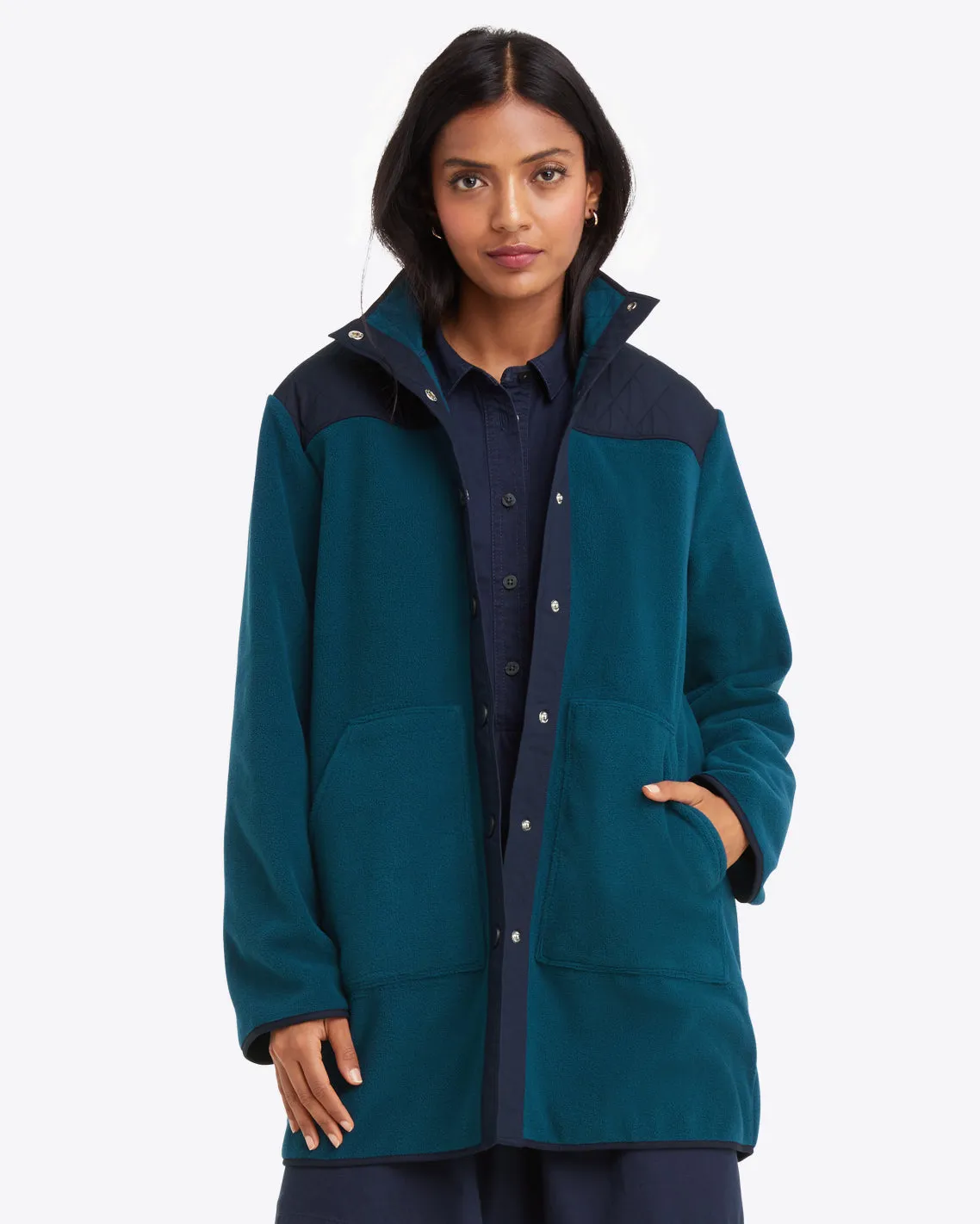 Button Down Fleece Coat in Teal sold by Draper James