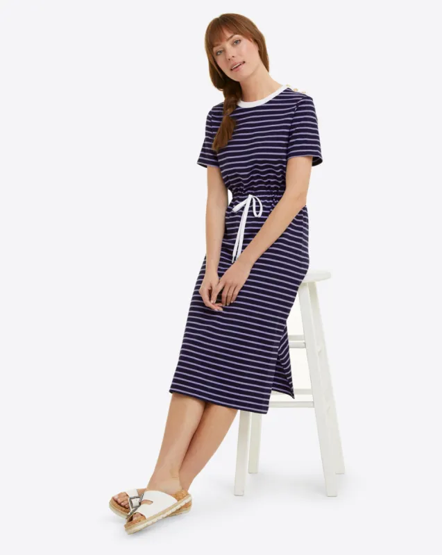 Tie Waist Midi T-Shirt Dress in Nassau Navy Mariner Stripe sold by Draper James